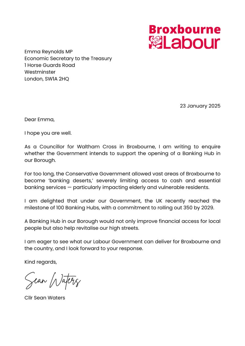 Cllr Sean Waters letter to Emma Reynolds MP, Economic Secretary to the Treasury